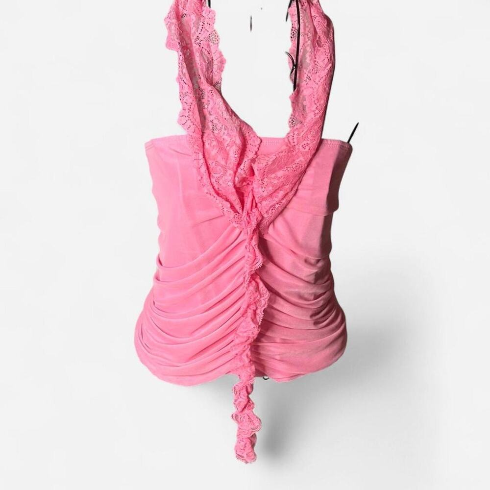 Y2K Coquette Pink Lace Ruffle Halter Top Small Ruched Barbiecore Fairycore